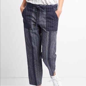 Wide Leg Cropped Cotton/Linen Blend Striped Pants
